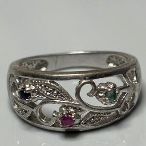 Vintage Avon Sterling Silver Filigree Ring with Ruby, Emerald, & Sapphire Sz 8